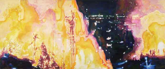 Hao Zecheng  郝澤成  -  Image of Unknown Mountain Fire in The Night  -  Oil on linen  200 x 480 cm  -  2022