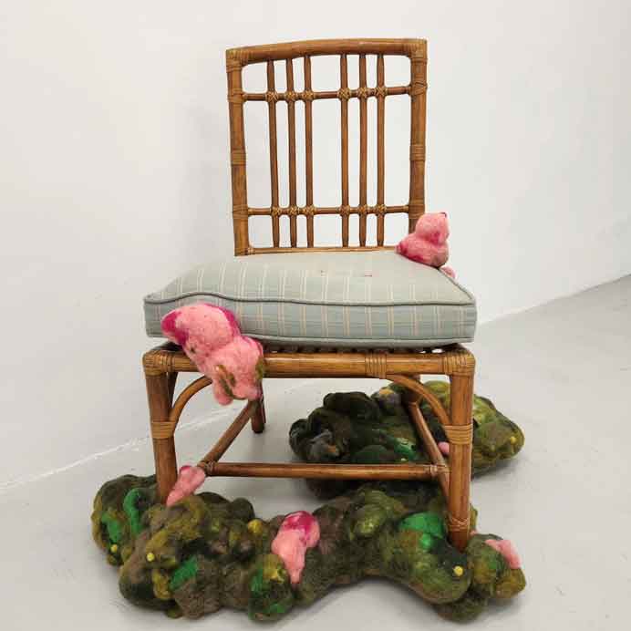 Lee Suet Ying  李雪盈  -  Drooling Seat  -  PU foam, wool, antique rattan chair  89 x 79 x 79 cm  -  2024