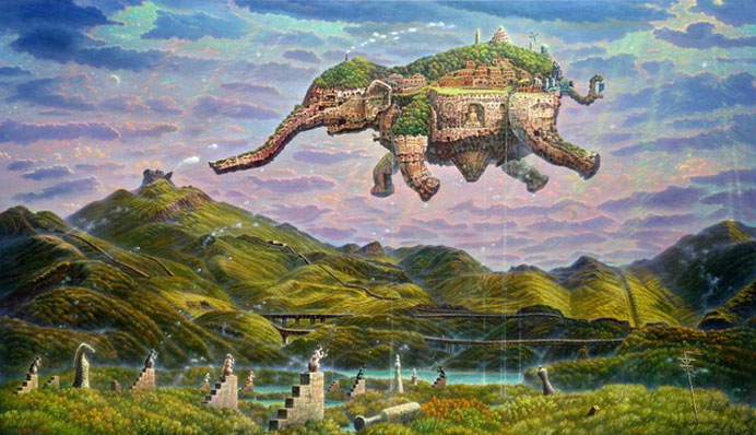 Lien Chien Hsing  连建兴  -  Adventures of Teapot Mountain  -  Oil on canvas  112 x 194 cm  -  2017