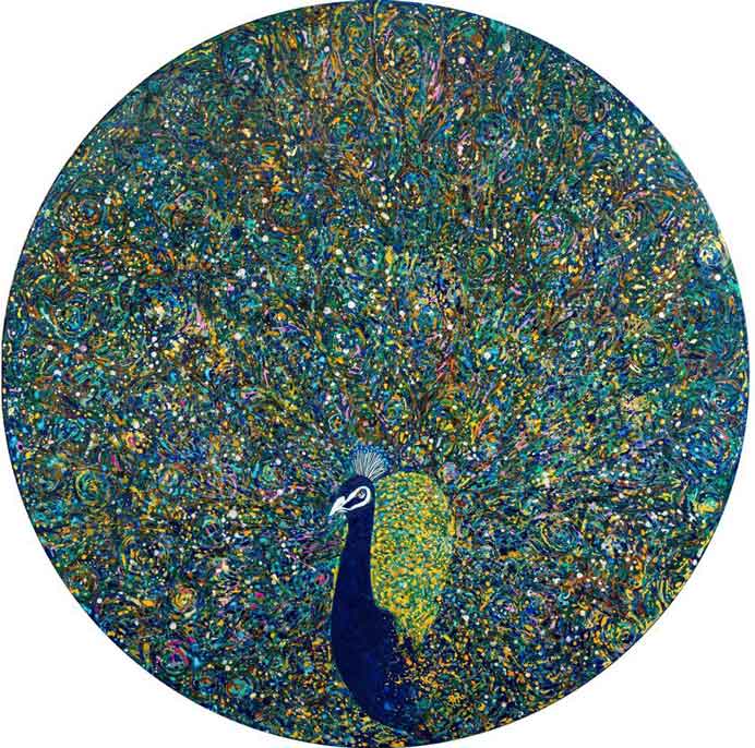 Wang Ming-Ren  王明仁    -  Bird Fur N°.8  -  Ink, mineral pigments, lacquer, cosmetics, foil, canvas  -  120 x 120 cm  -  2022