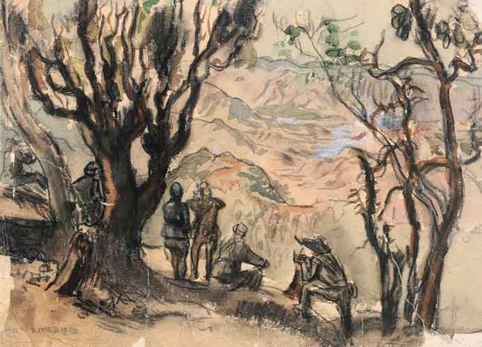 Zhou Lingzhao  周令钊 -  Yunnan during Anti-Japanese War (Mang City, Yunnan Province)  -  Watercolor on paper  25.3 x 35.2 cm  -  1944 